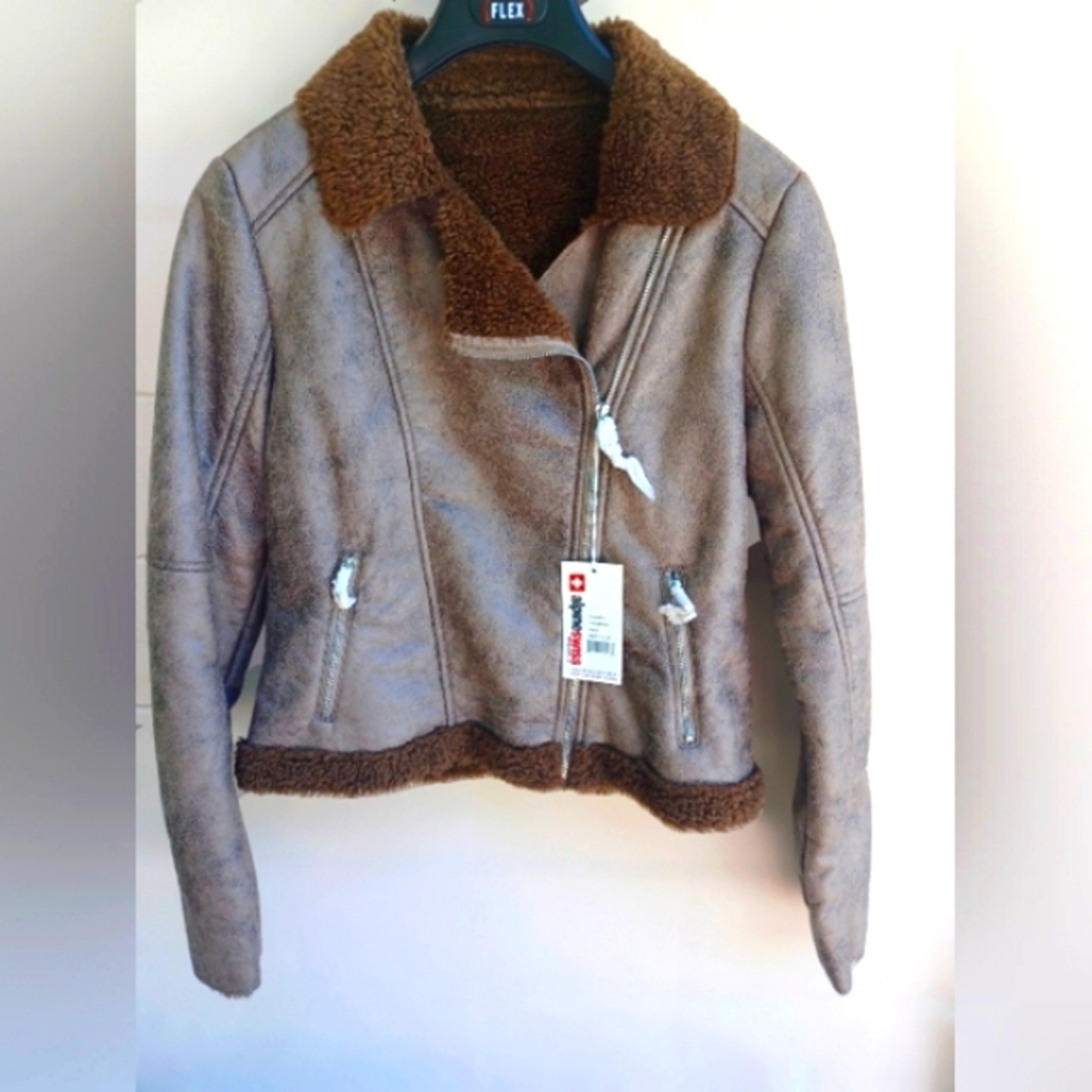 NWT Alpine Swiss Womens Mink Suede Fur Crop Moto Coat Biker Jacket Sz M Brown